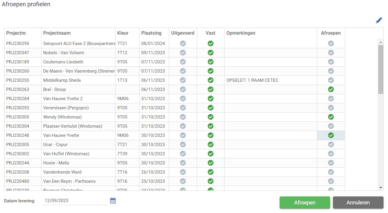 Venster voor het afroepen van profielen